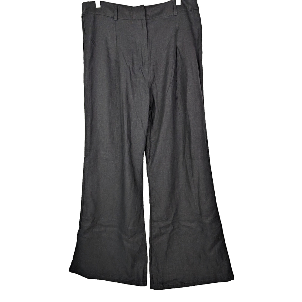 Anthropologie Linen Blend Wide Leg Pleated Pants Size L 14 Black Closet Staple